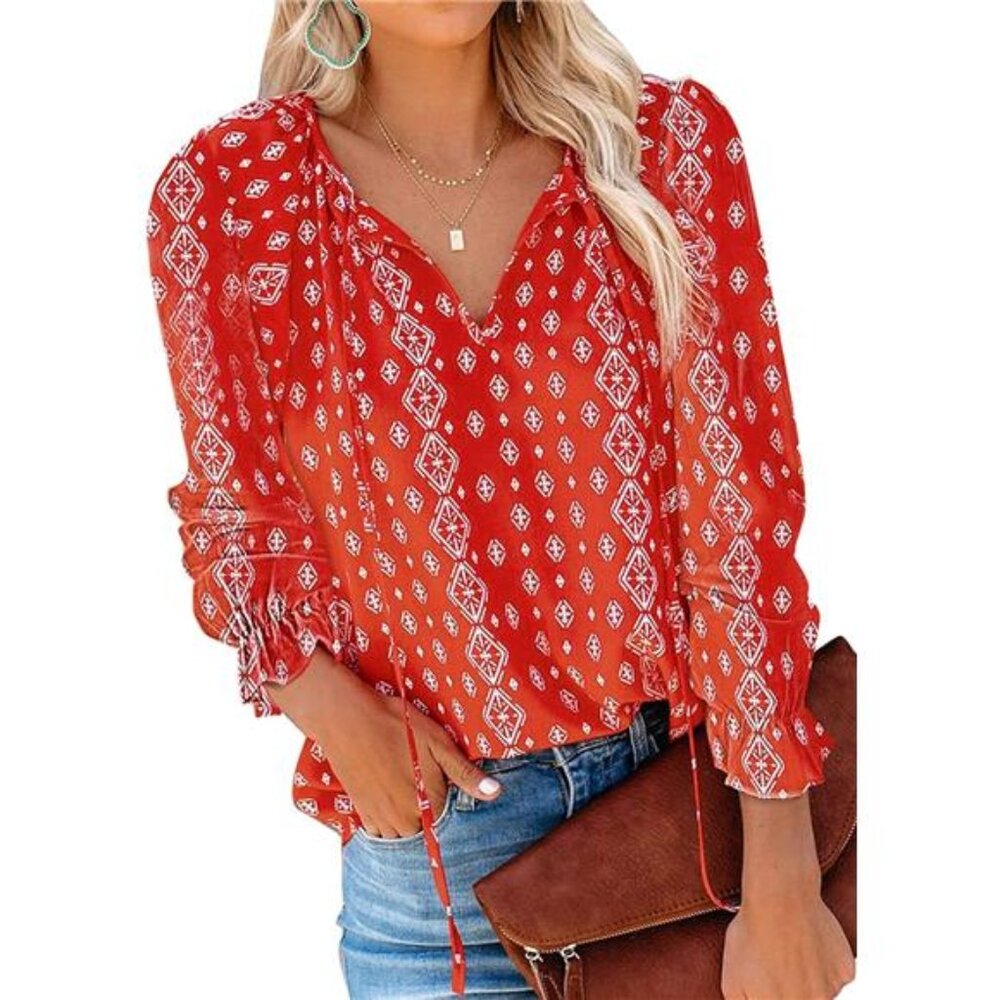 Women's Casual Boho Floral Printed V Neck Tops Drawstring Short Long Sleeve